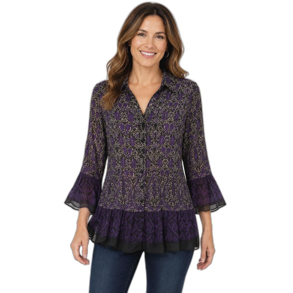 Fashion Bug Purple Paisley Boho Peplum Blouse Bell Sleeve Large Whimsigoth